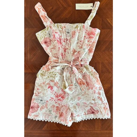 Rachel Zoe Floral Belted Romper Smocked Bodice Lace Trim NWT Size 2 - Picture 5 of 10